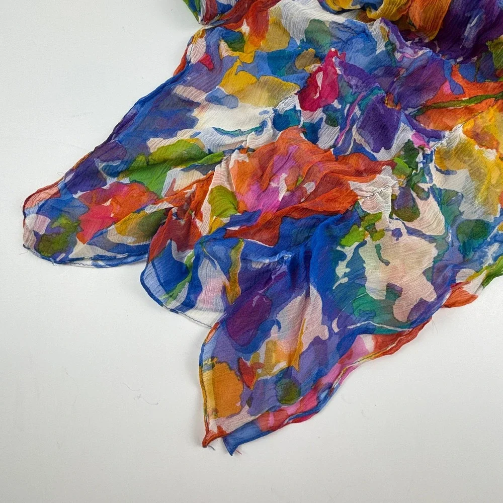 Vibrant Floral Silk Scarf Shawl‎ Wrap Blue Pink Orange Yellow Accent Dopamine